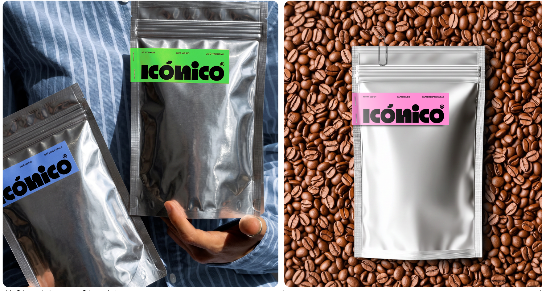 Café Icónico en bolsas metálicas con etiquetas verde, azul y rosa